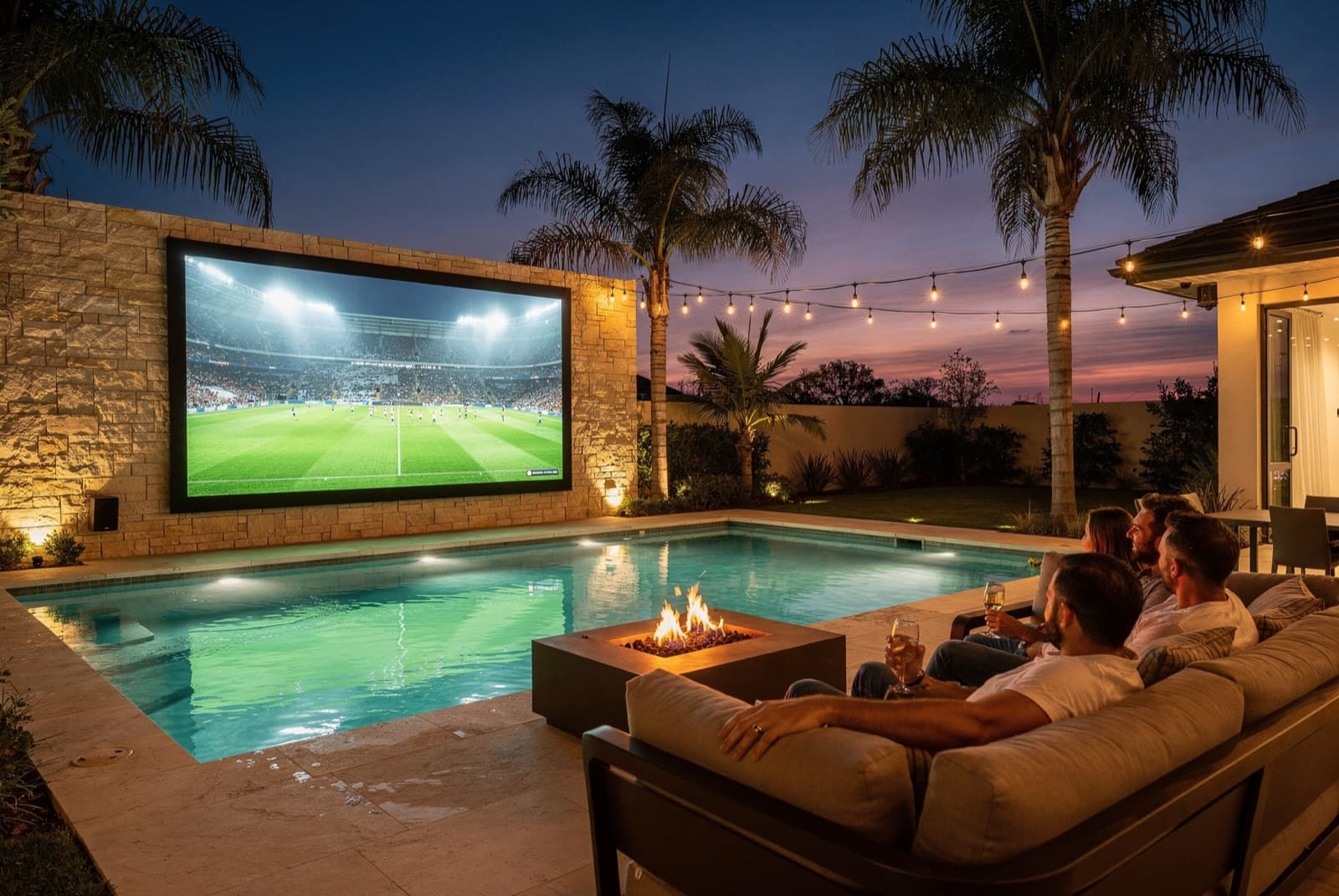 An outdoor LED screen on a stone wall beside a pool at dusk, with friends watching from a sofa