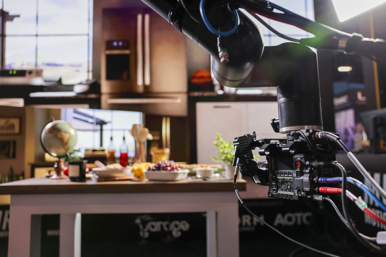 Robotic camera arm filming a branded set on an LED volume