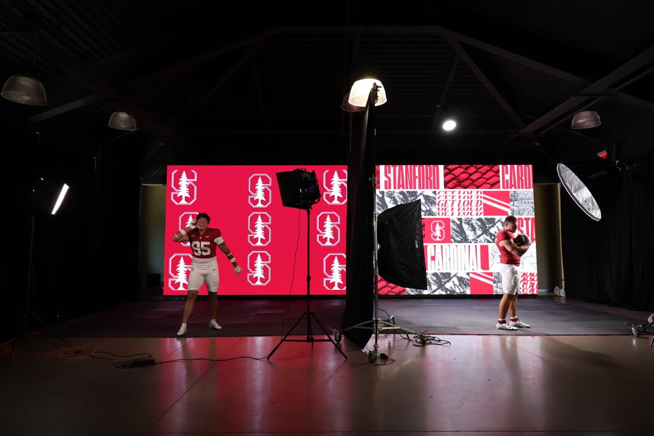 Stanford Athletics football players on media day in front of LED volume walls
